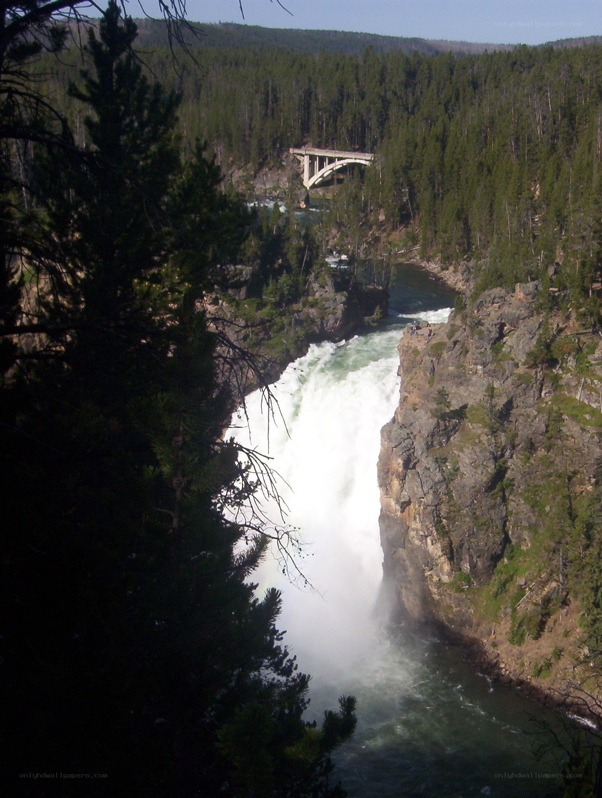Yellowstone River waterfall and bridge