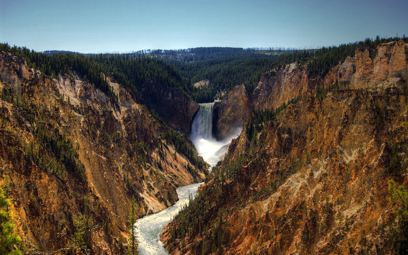 Yellowstone River Waterfall — Brown, Dramatic, Afternoon, Photograph, Canyon, Forest, Green, Blue