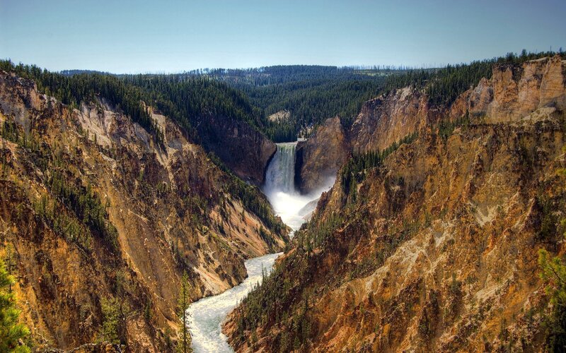 Yellowstone River Waterfall — Brown, Dramatic, Afternoon, Photograph, Cliffs, Forest, Green