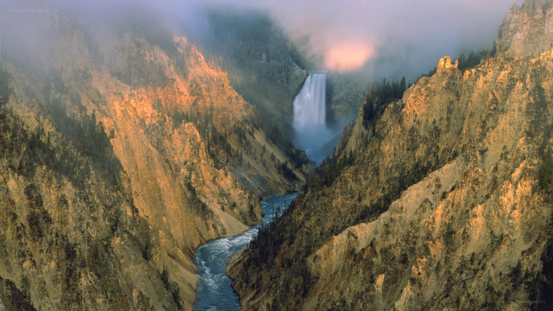 Yellowstone waterfall at sunrise