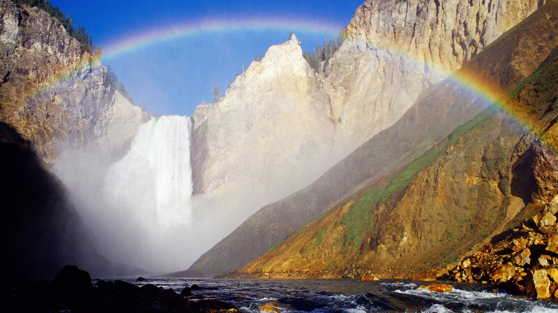 Yellowstone Waterfall — Blue, Dramatic, Afternoon, Photograph, Rainbow, Mountain