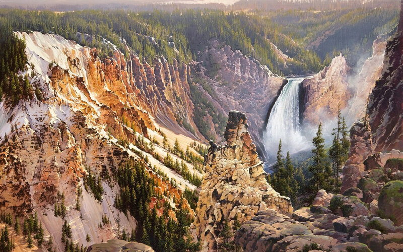 Yellowstone Waterfall — Brown, Dramatic, Afternoon, Painting