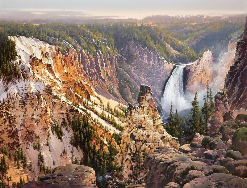 Yellowstone Waterfall — Green, Dramatic, Afternoon, Painting