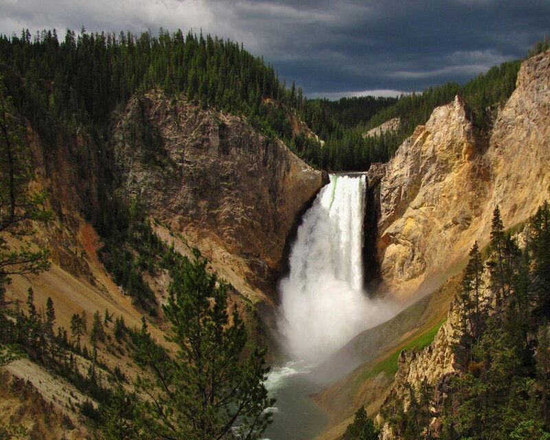 Yellowstone Waterfall — Green, Dramatic, Afternoon, Photograph, Forest, Cliffs