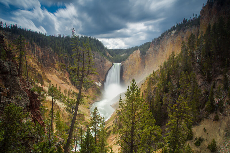 Yellowstone Waterfall — Green, Dramatic, Afternoon, Photograph, Forest, River