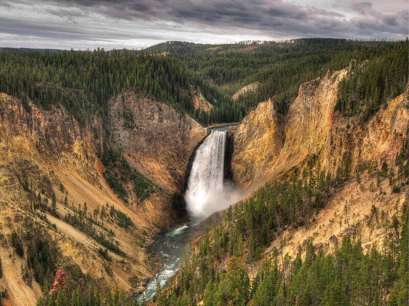 Yellowstone Waterfall — Green, Dramatic, Afternoon, Photograph, Forest