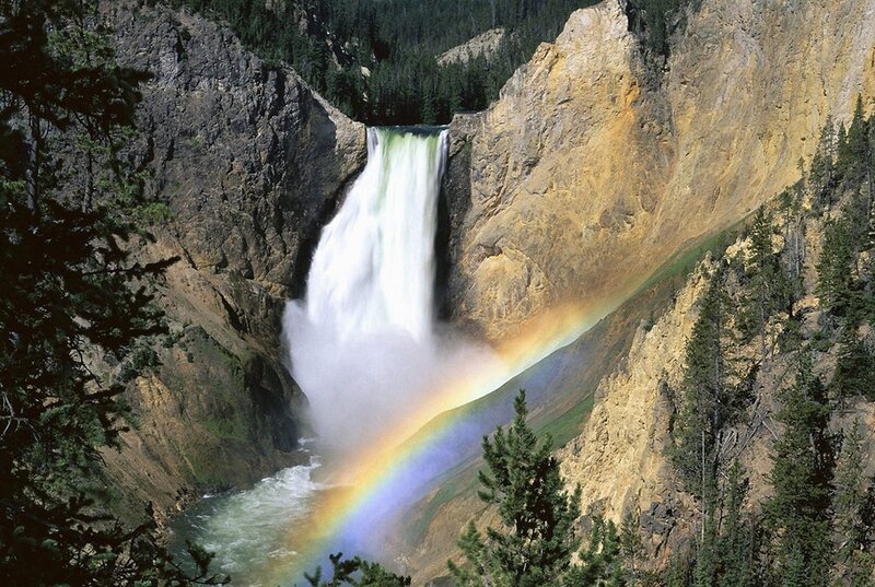 Yellowstone Waterfall — Green, Dramatic, Afternoon, Photograph, Rainbow