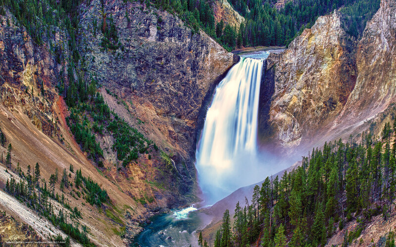 Yellowstone Waterfall — Green, Dramatic, Afternoon, Photograph, River, Forest
