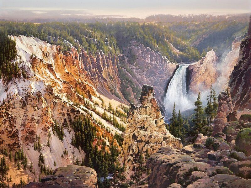 Yellowstone Waterfall — Green, Dramatic, Morning, Painting