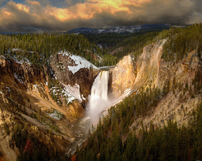 Yellowstone Waterfall — Green, Dramatic, Sunset, Photograph, Forest, Mountains