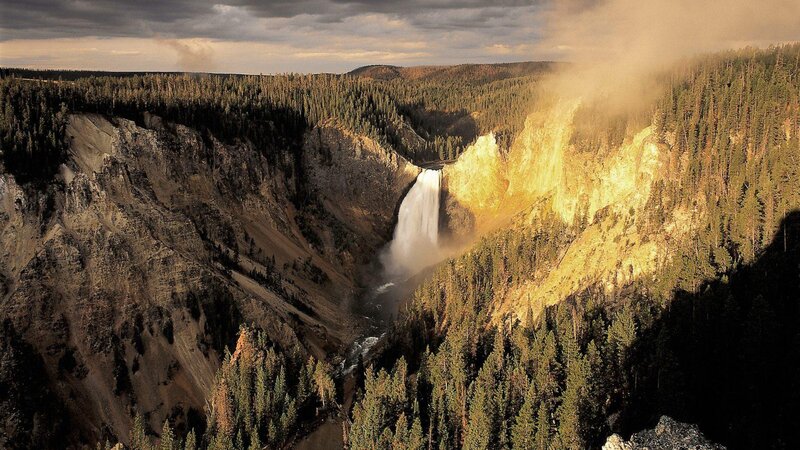 Yellowstone Waterfall — Green, Dramatic, Sunset, Photograph, Forest