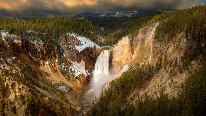Yellowstone Waterfall — Green, Dramatic, Sunset, Photograph