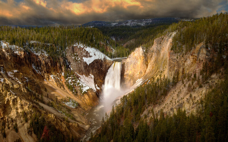 Yellowstone Waterfall — Green, Dramatic, Sunset