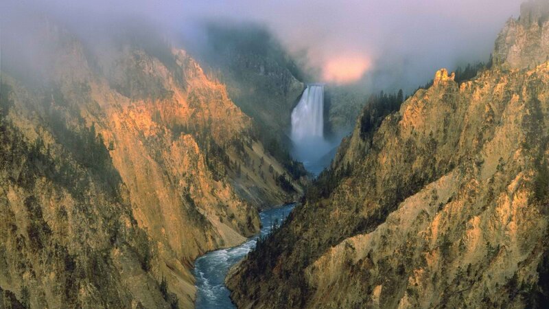 Yellowstone waterfall in mist