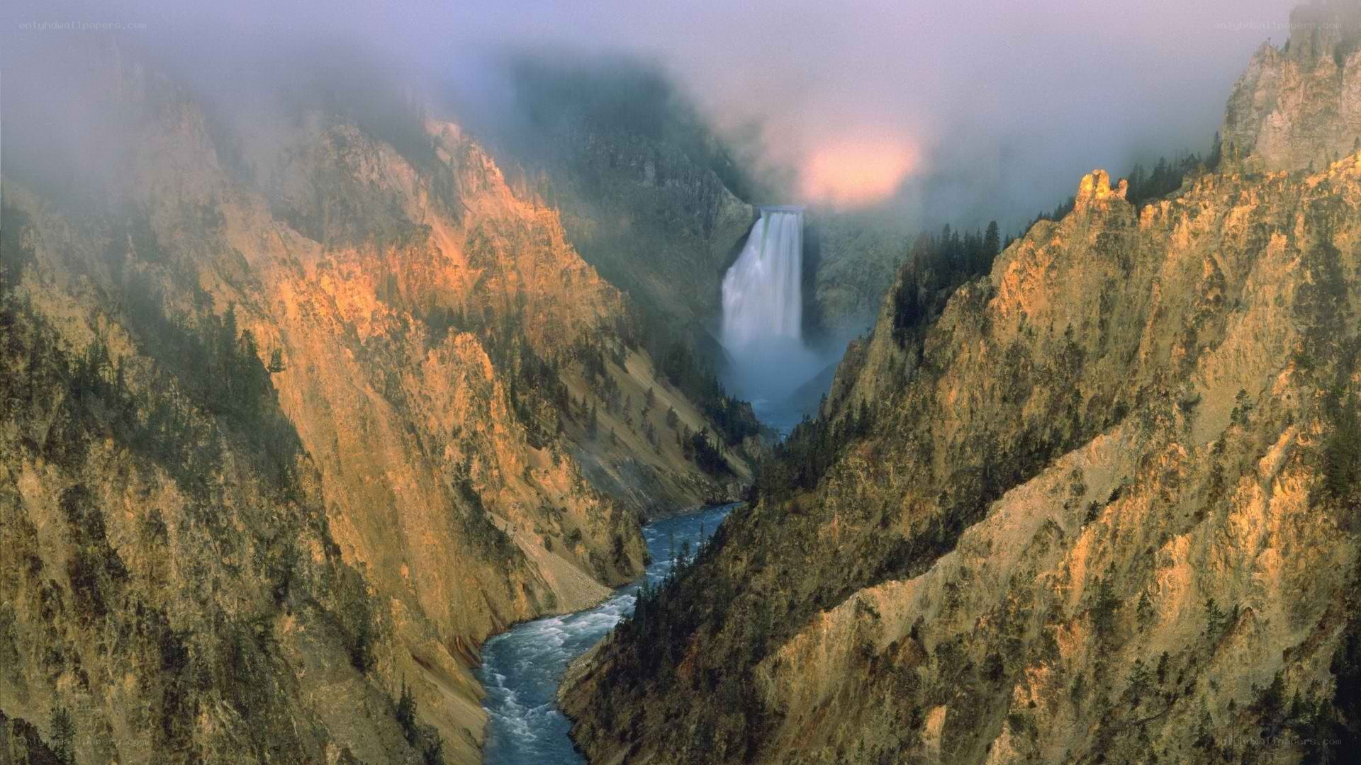 Yellowstone waterfall in mist