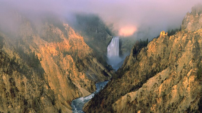 Yellowstone waterfall in mist