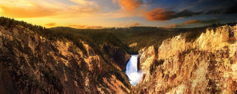 Yellowstone Waterfall — Orange, Dramatic, Sunset, Photograph, Canyon