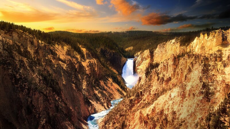 Yellowstone Waterfall — Orange, Dramatic, Sunset, Photograph, River, Cliffs, Forest