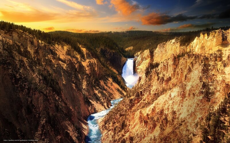 Yellowstone Waterfall — Orange, Dramatic, Sunset, Photograph, River