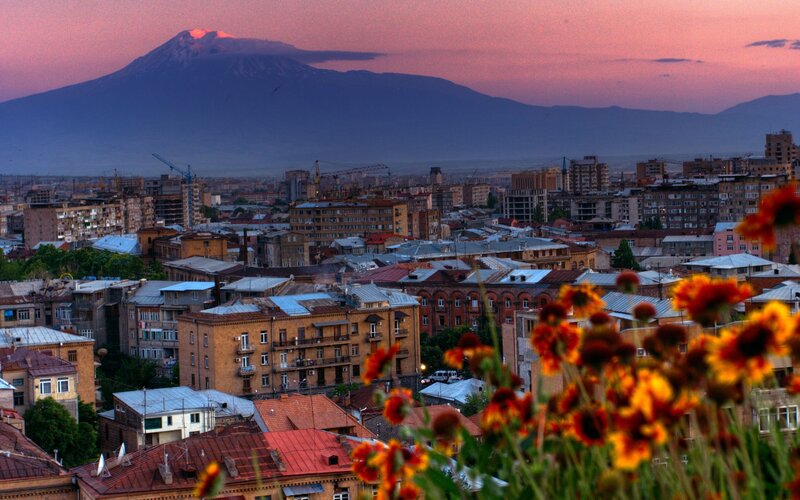Yerevan cityscape at sunset