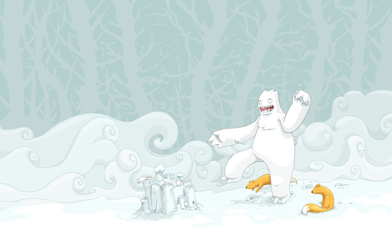 Yeti and fox in snowy forest