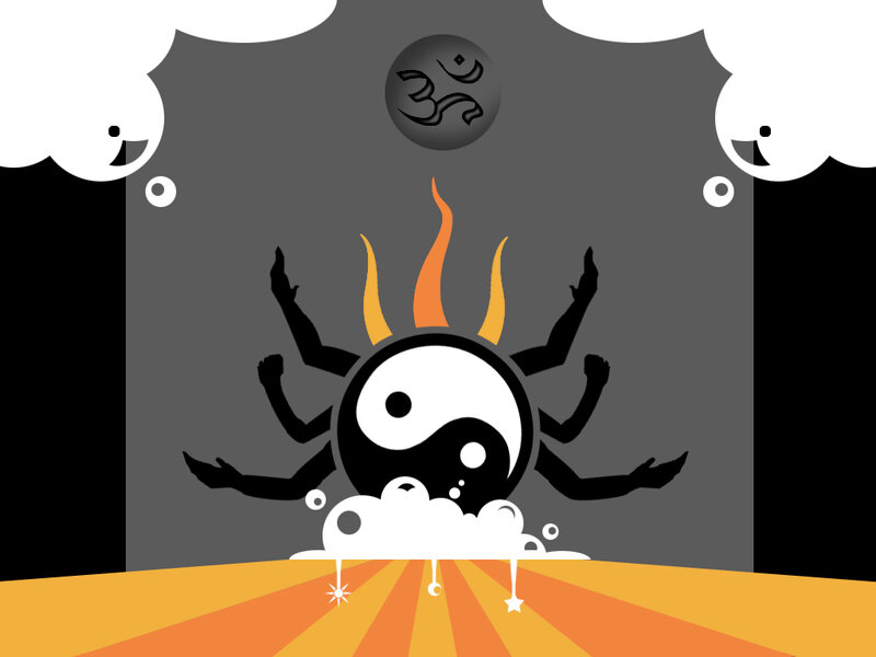 yin-yang deity with flames