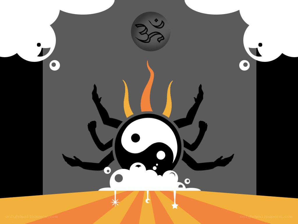 yin-yang deity with flames