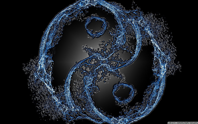 Yin-yang Symbol Made of Water — Blue, Dramatic, Digital Art, Splashes, Black Background