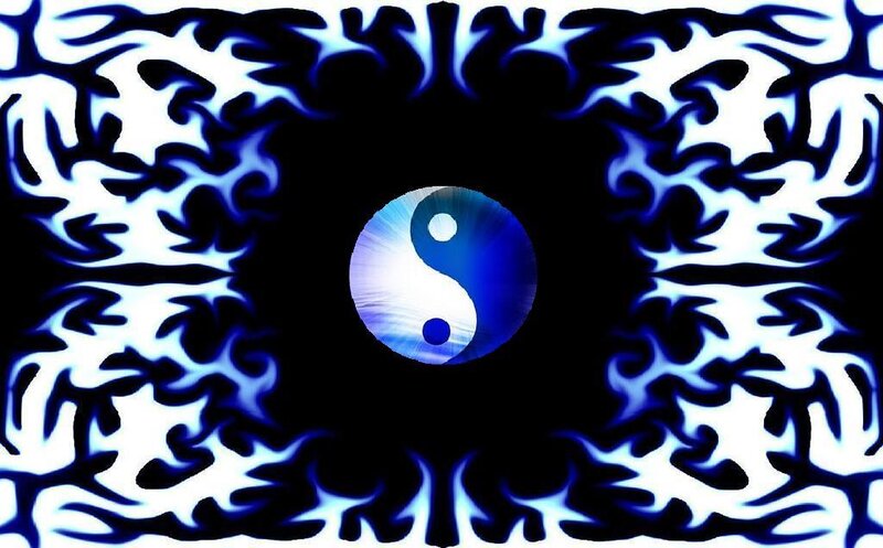 yin-yang symbol with blue flames