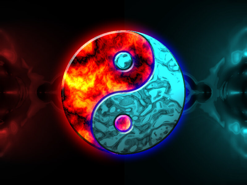 Yin-yang symbol with fire and water