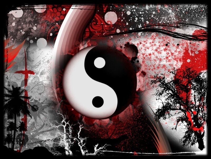 Yin-yang symbol with red and black art