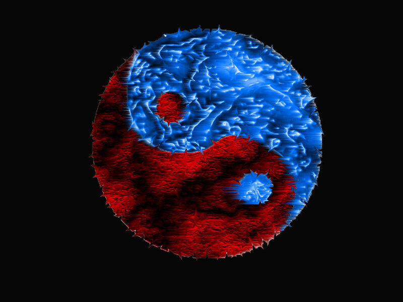 Yin-yang symbol with red and blue textures