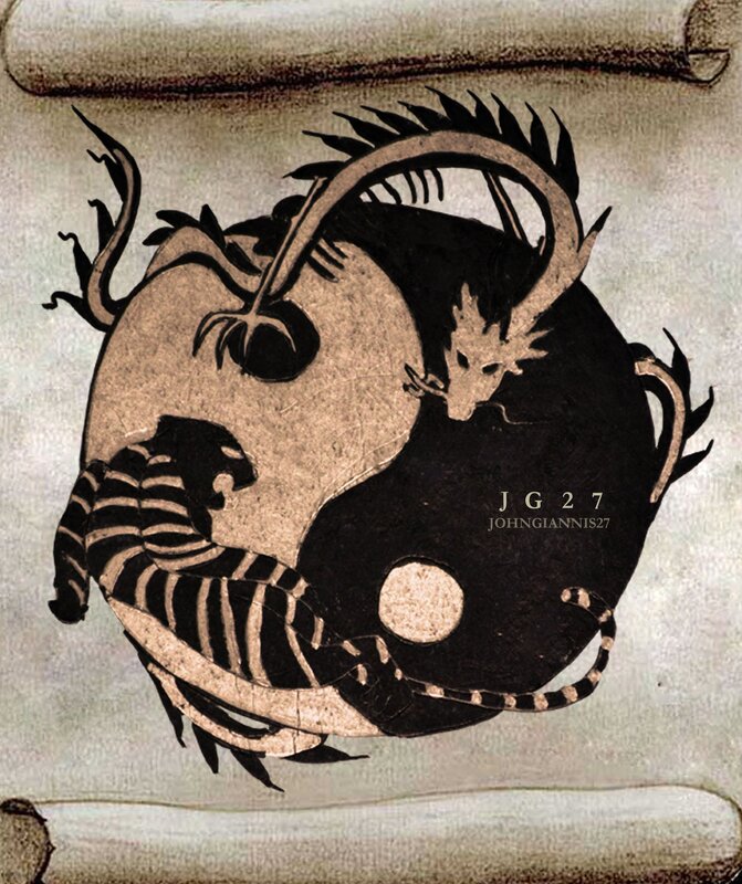 Yin-yang with dragon and tiger