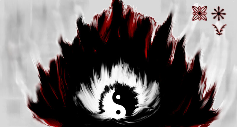 yin-yang with red and black feathers