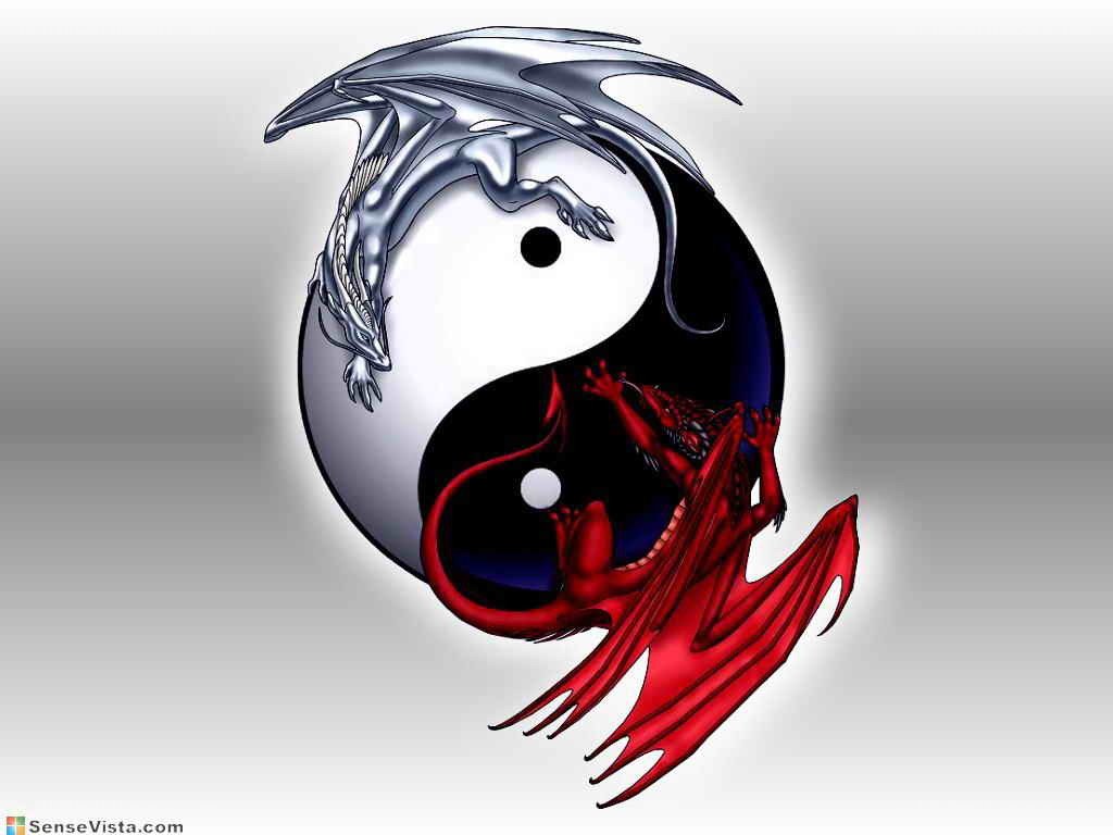 Yin-yang with red and silver dragons