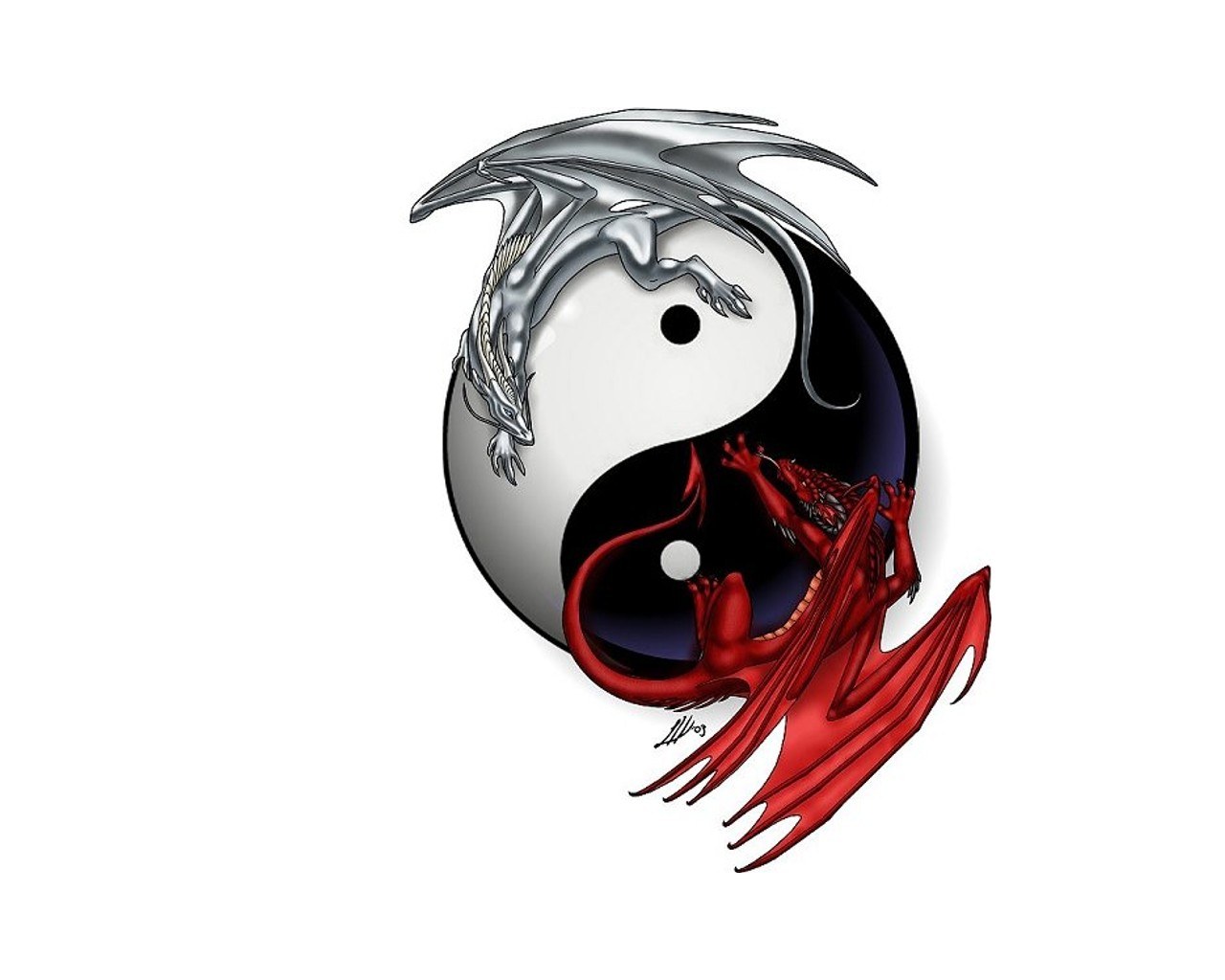 Yin-yang with red and silver dragons