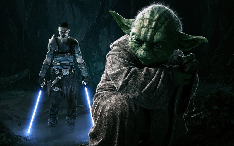 Yoda and Jedi in dark forest