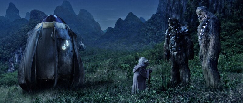 Yoda and Wookiees on a planet