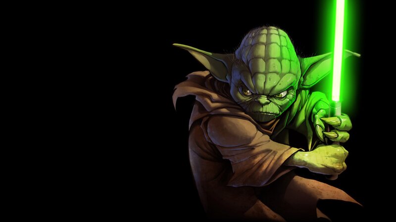 Yoda Holding Lightsaber — Green, Dramatic