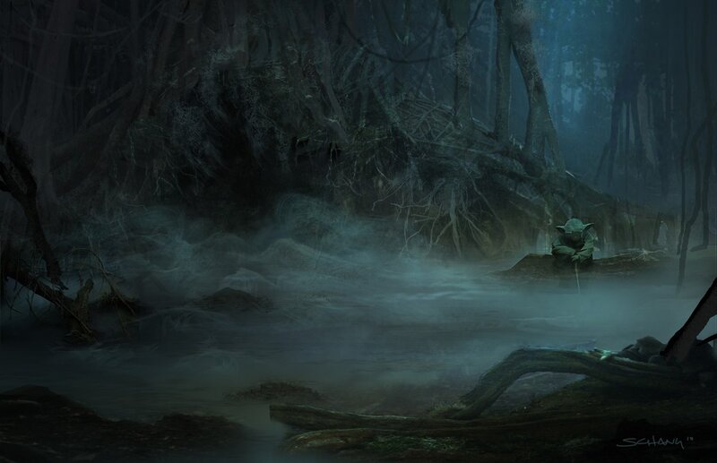 Yoda in a misty swamp