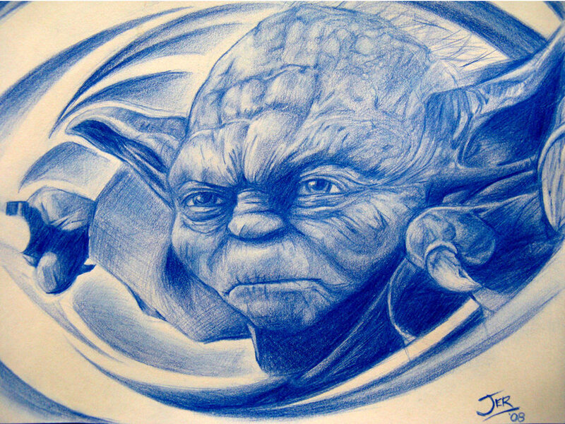 Yoda portrait in blue pencil
