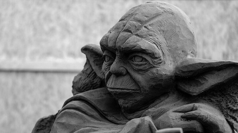 Yoda statue in black and white