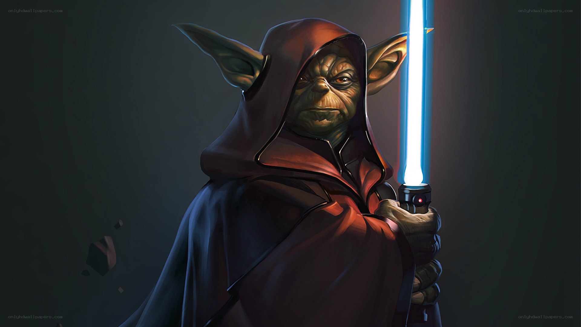 Yoda with blue lightsaber