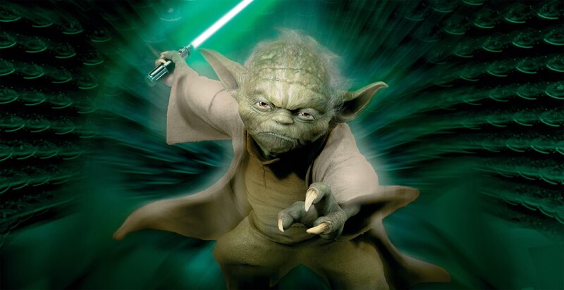 Yoda with green lightsaber
