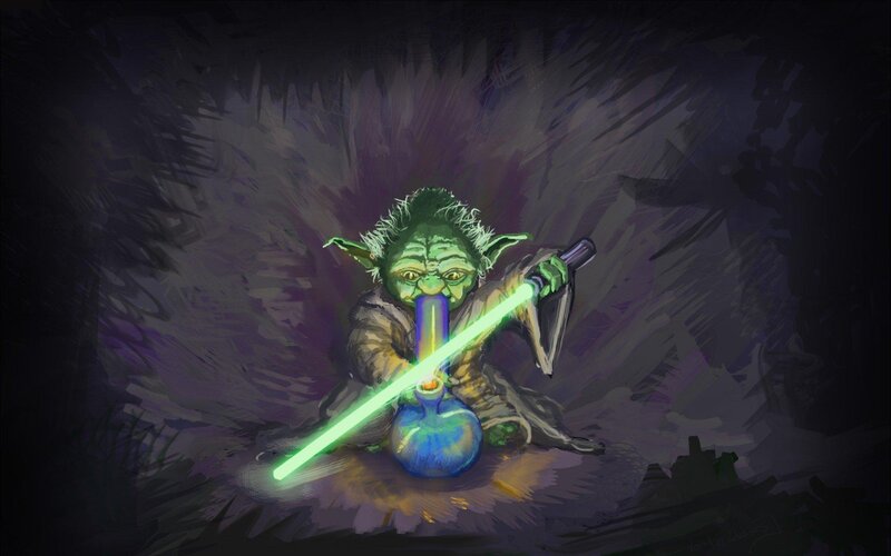 Yoda with lightsaber and bong