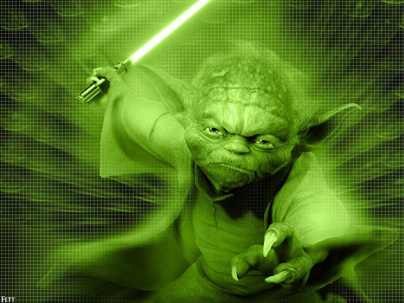 Yoda with Lightsaber — Green, Dramatic, Digital Art, Grid Pattern