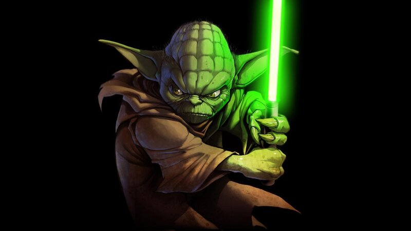 Yoda with Lightsaber — Green, Dramatic, Digital Art, Robes, Black, Brown