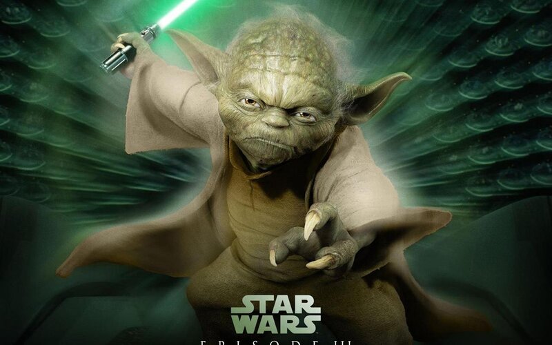 Yoda with Lightsaber — Green, Dramatic, Digital Art, Robes, Green Background, Brown