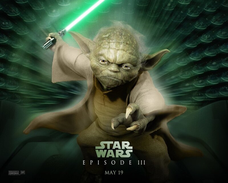 Yoda with Lightsaber — Green, Dramatic, Digital Art, Robes, Text