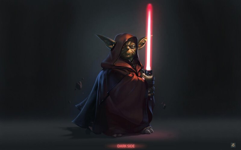 Yoda with Red Lightsaber — Black, Dramatic, Digital Art